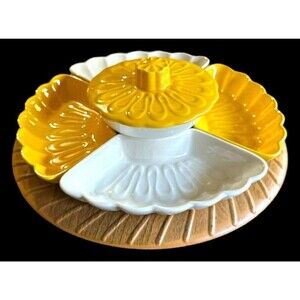 Vintage California Pottery Large Yellow & White Chip & Dip 7pc Set Lazy Susan